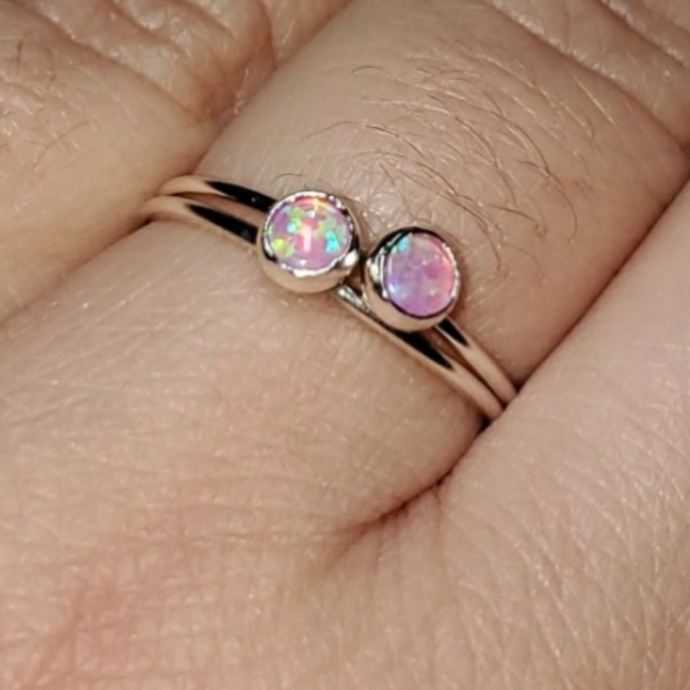 Handcrafted Sterling Silver & Pink Fire Opal Rings-set of 2, sz 6